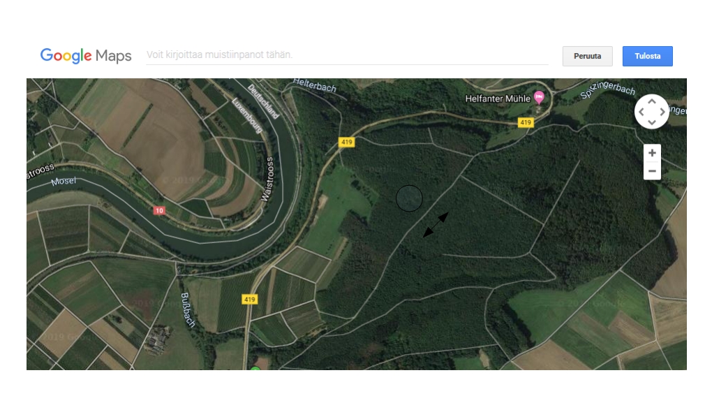 Moselin retkeilypolkua metsässä Palzemin koillispuolella kuvakaapatulla Google Maps -kartalla